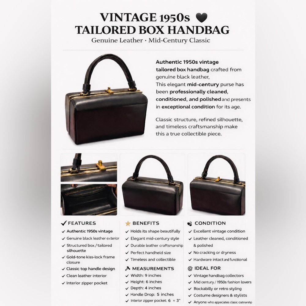 Authentic 1950’s Vintage Black Leather Box Handbag Tailored Purse
